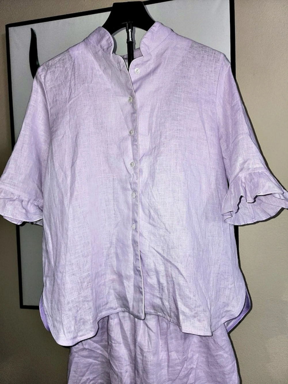 Sleeper Ruffled Linen Shirt Pajama Set Purple XS